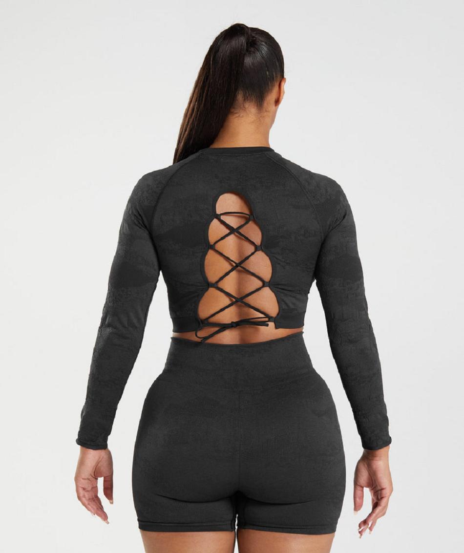 Corp Tops Gymshark Adapt Camo Seamless Encaje Up Back Mujer Negras Negras Gris | CO 2516OKI